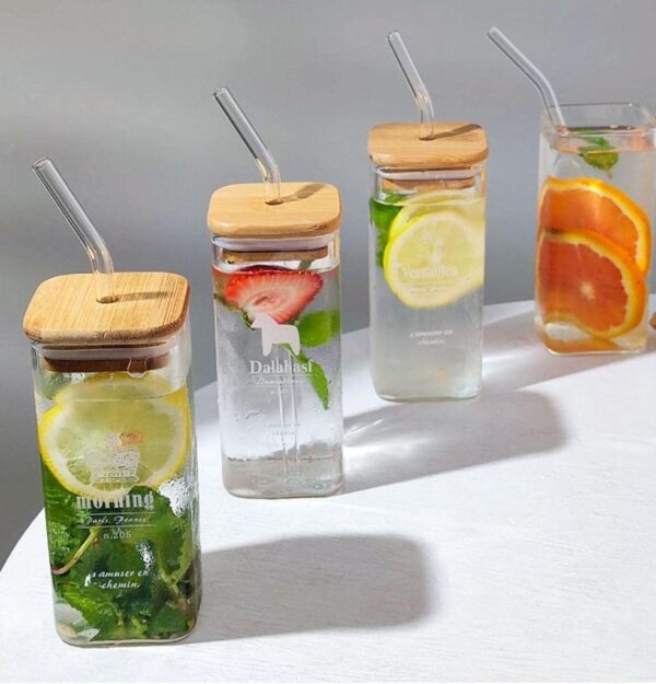 Transparent Square Glass Sipper with Wooden Lid and Glass Straw - Image 3