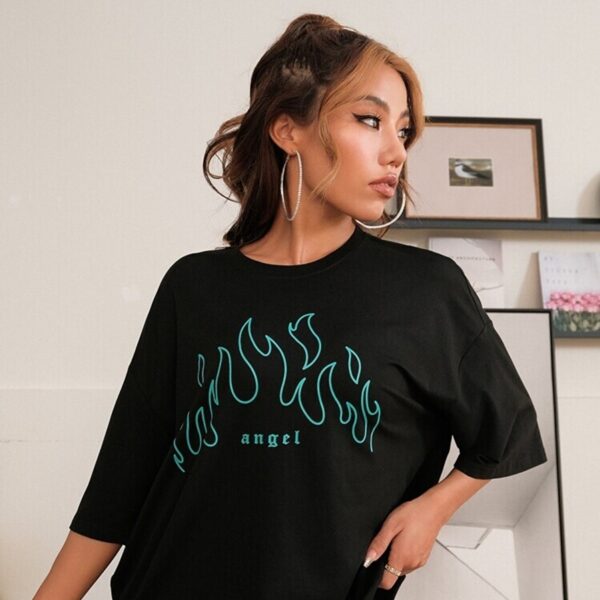 Women's Oversize Black T-shirt with Green Angel Print, Cotton Blend Modern Baggy Top - Image 2