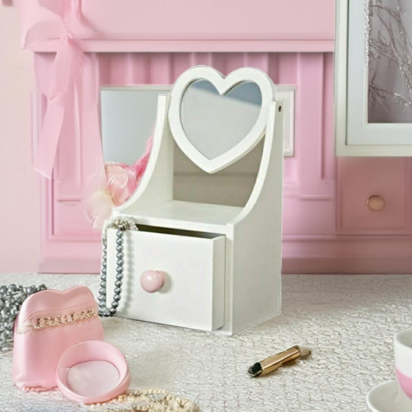 Cosmetic Storage Makeup Organizer with Heart Shape Mirror, Wooden Mini Dresser with Drawer Trays