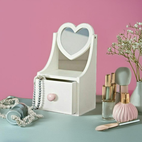 Cosmetic Storage Makeup Organizer with Heart Shape Mirror, Wooden Mini Dresser with Drawer Trays - Image 2
