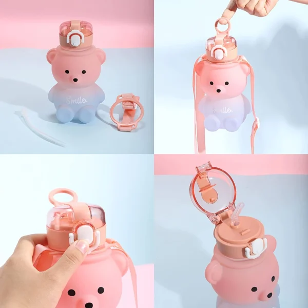 Kawaii Bear Water Bottle Cute Sipper Bottle Gradient with Large Capacity and Straw - Image 2