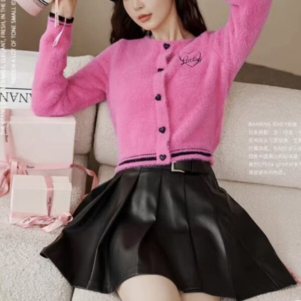 Hot Pink Fuzzy Knit Cardigan Korean Style Top - Image 2