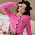 Hot Pink Fuzzy Knit Cardigan Korean Style Top