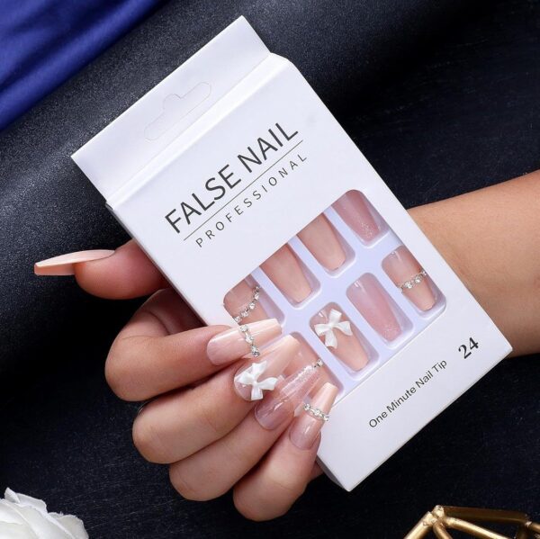 Artificial Reusable Long Nails with Bow and Stone Design - Image 2