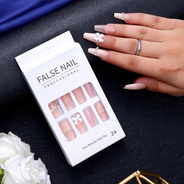 Artificial Reusable Long Nails with Bow and Stone Design - Image 3