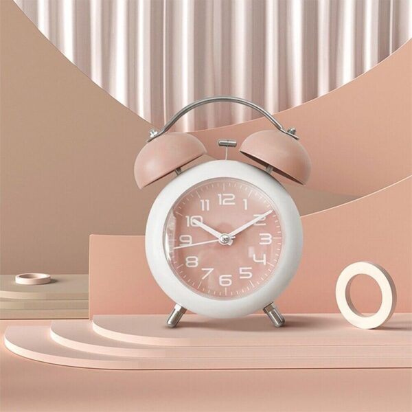 Alarm Clock with Double Bells Pink Elegant Metal Table Clock - Image 2